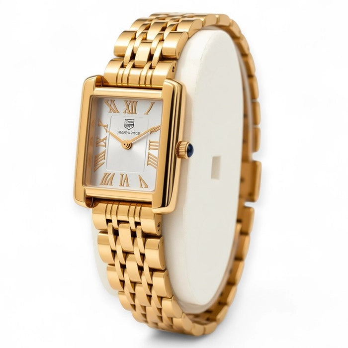 True Worth Gold Watch with White Face Square Dial